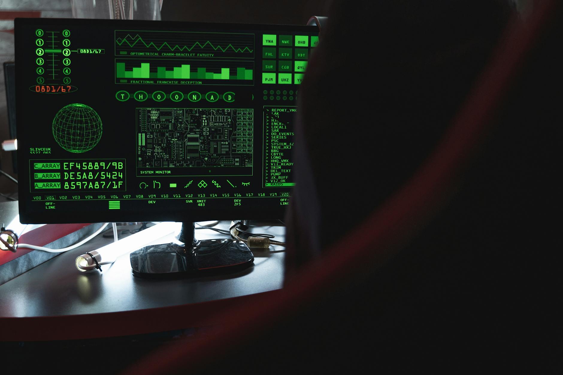 Monitor z zielonym kodem symbolizujący cyberatak na infrastrukturę